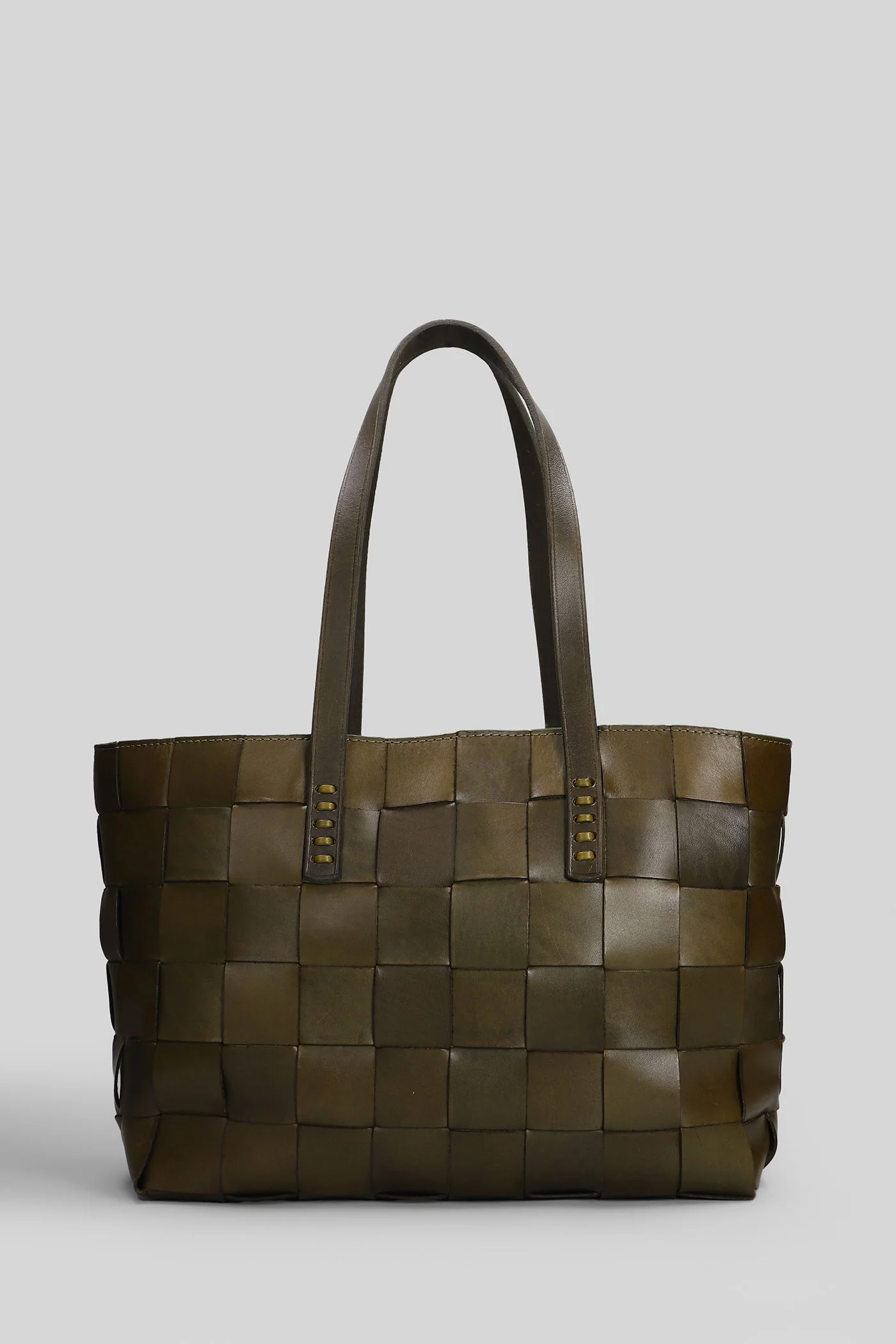 Box Weave Basket Tote in khaki leather - Image 3