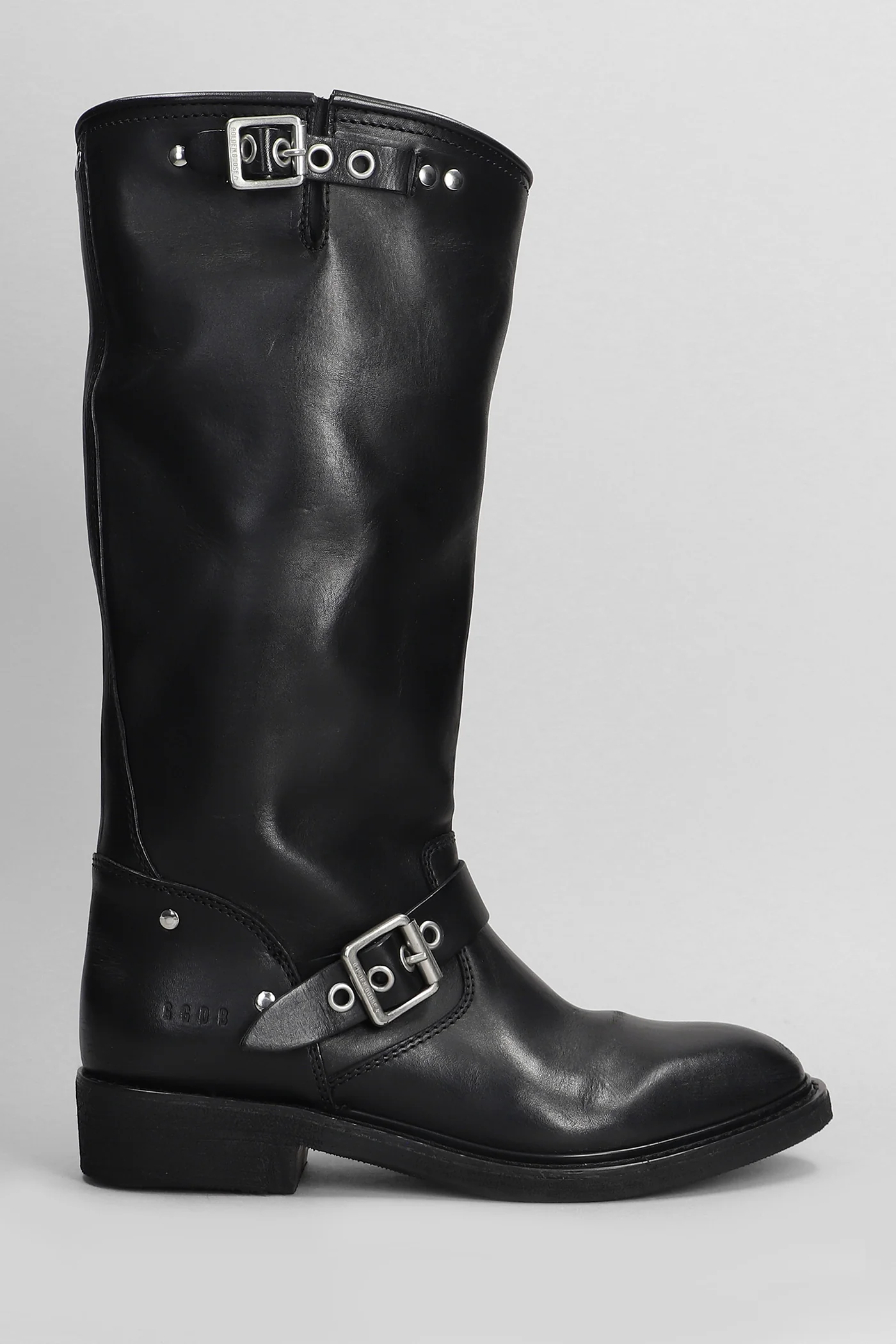 Biker low heels boots in black leather