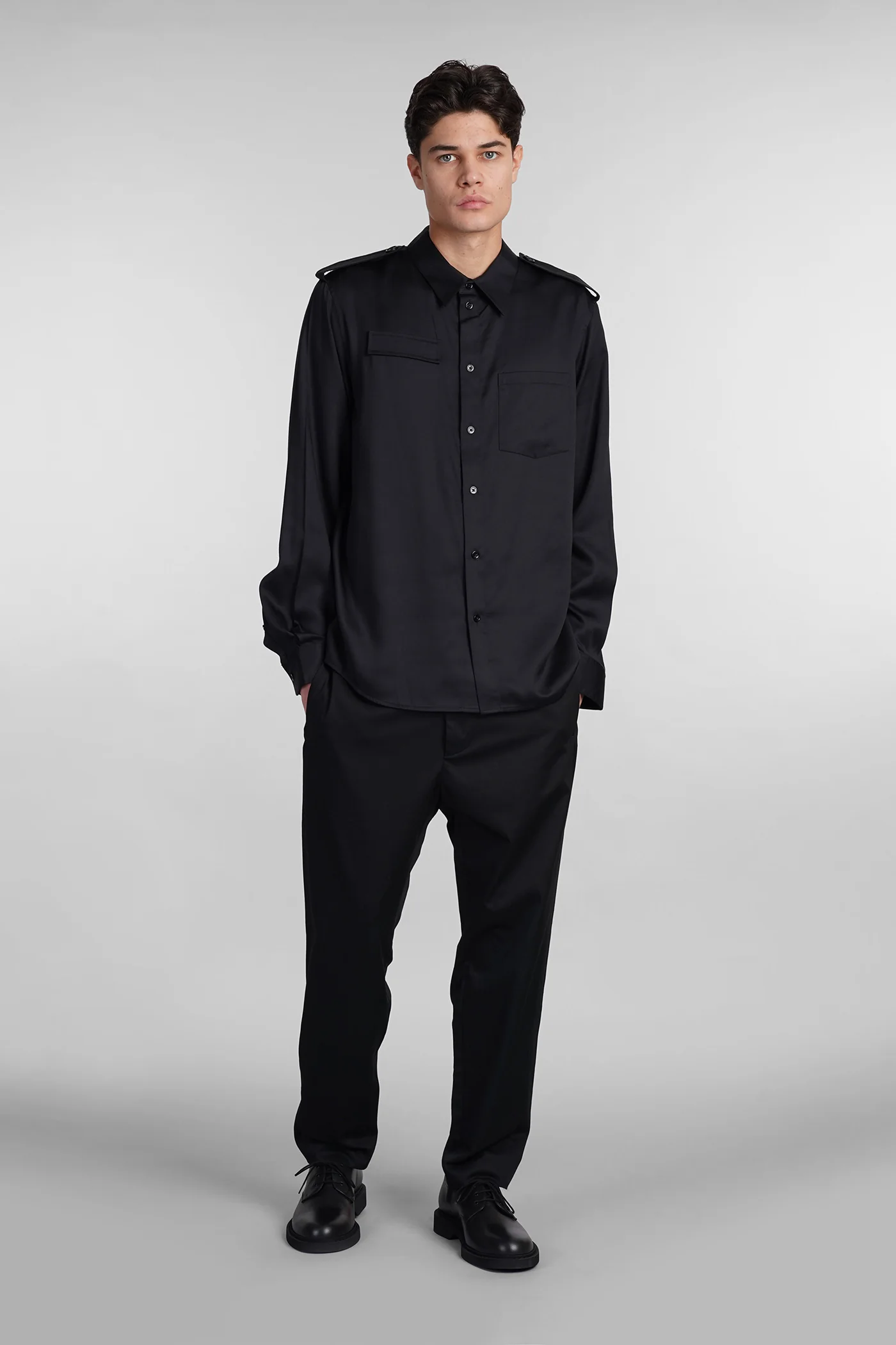 Shirt in black wool and polyester - Image 2