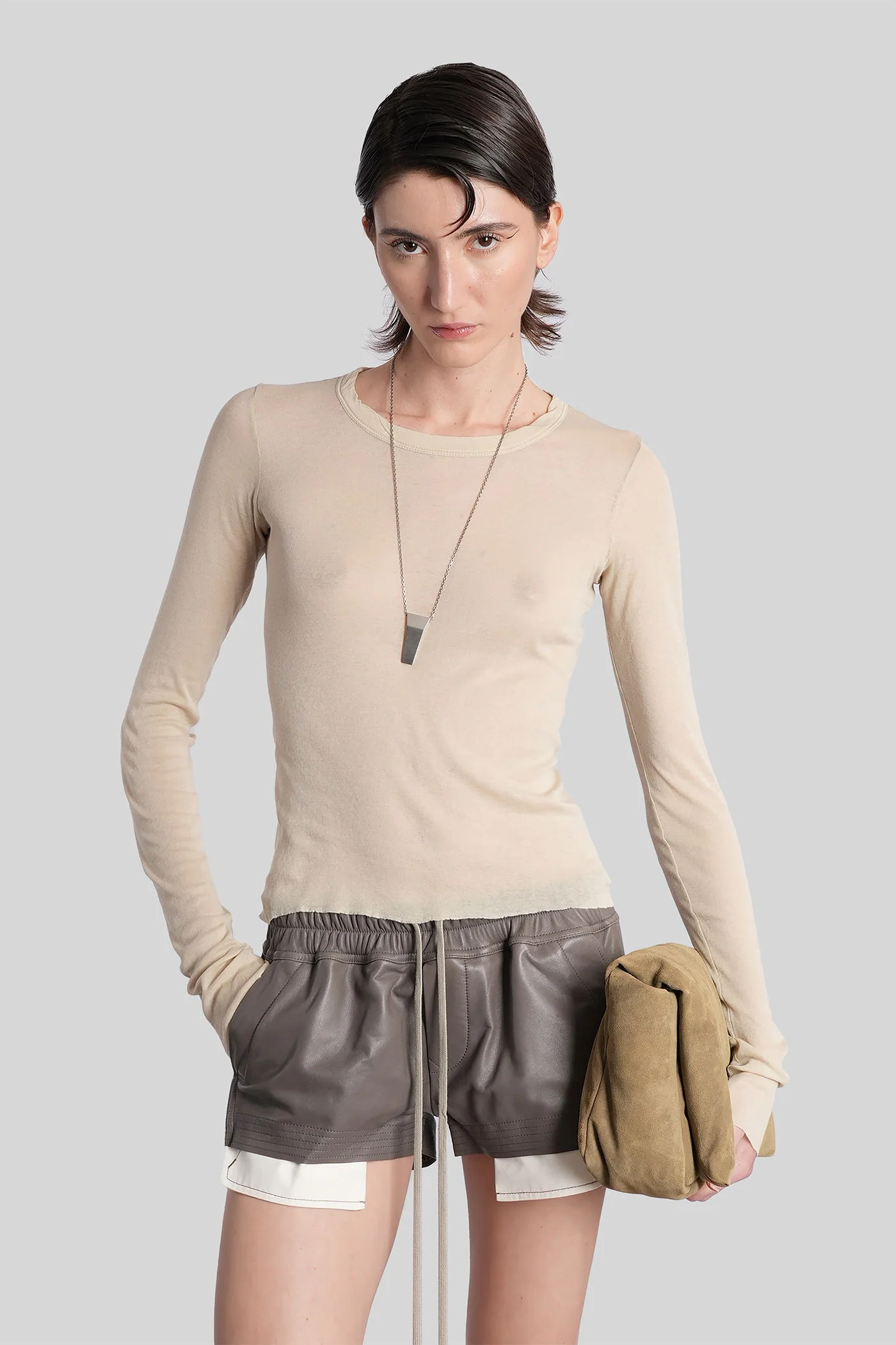 Cropped rib ls t in beige cotton