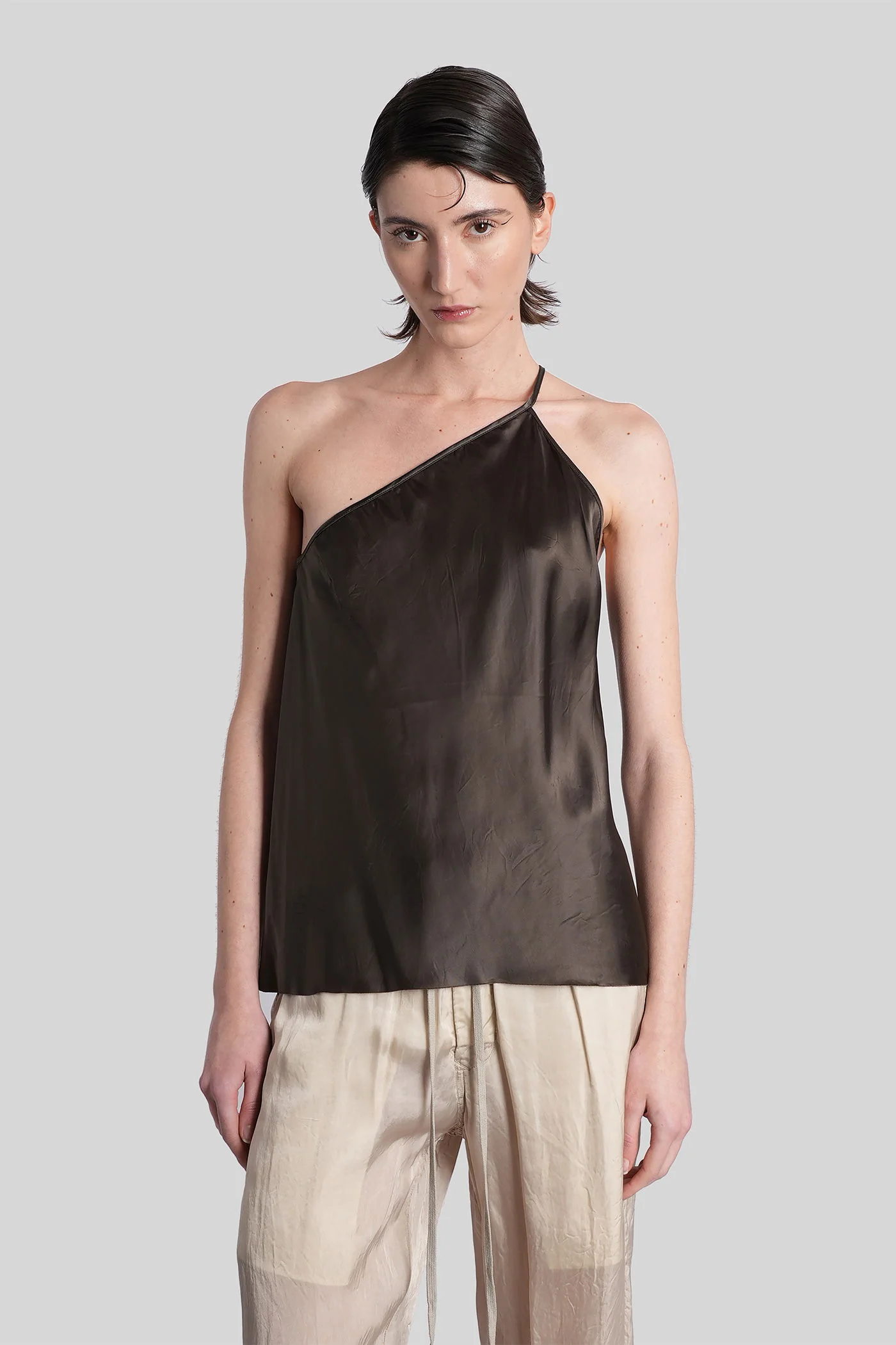 One shoulder slip Topwear in grey polyamide polyester