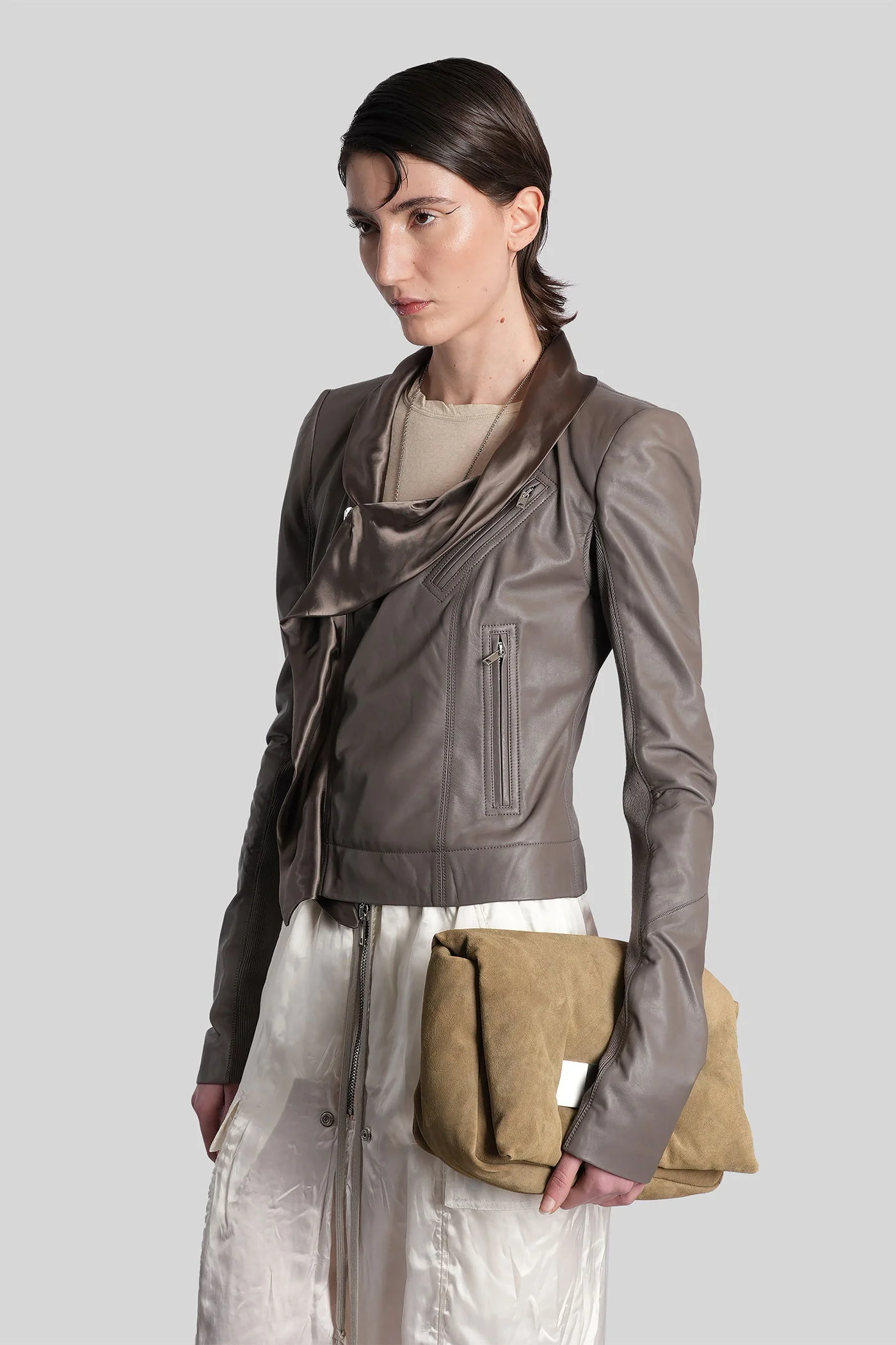 Scarf biker Biker jacket in grey leather - Image 4