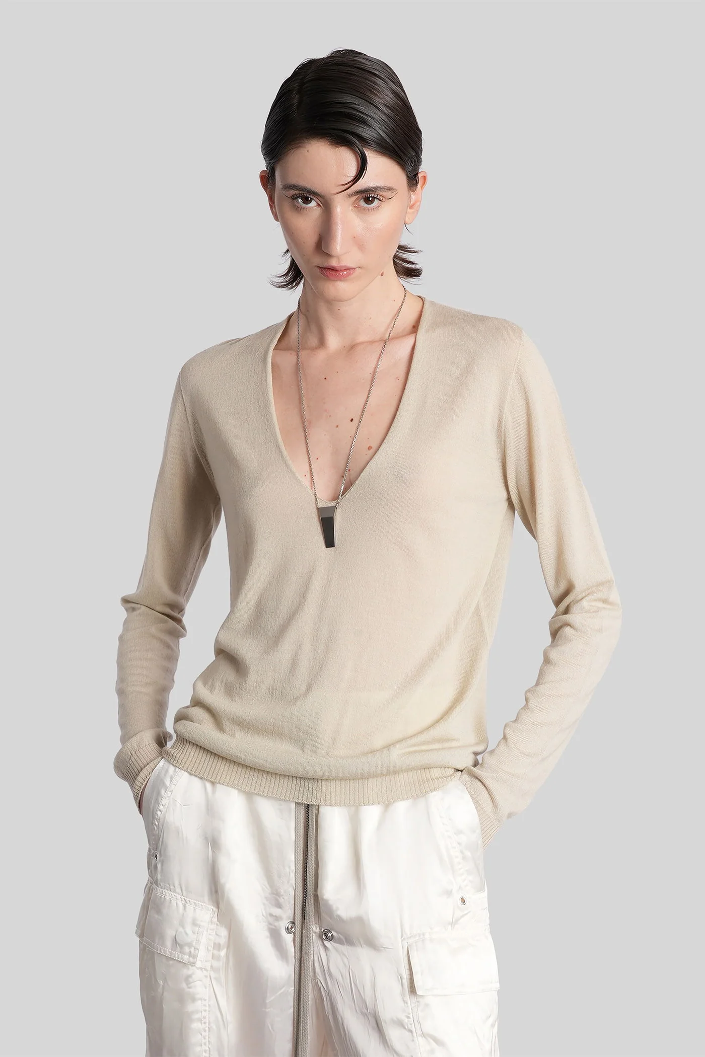 V neck pull Knitwear in beige wool